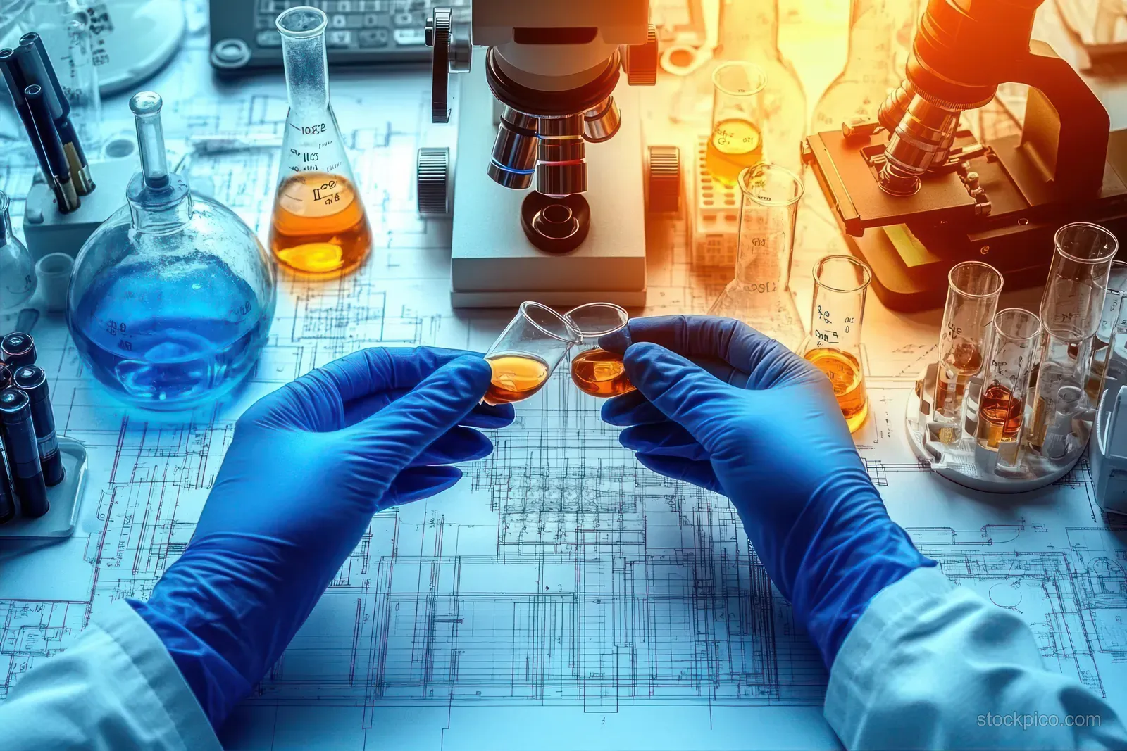 Gloved scientist hands hold glass beakers of orange liquid on a blueprint-like lab plan with microscopes and test tubes around.