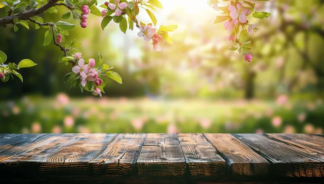 Rustic wooden table beneath pink apple tree blossoms with a blurred sunlit spring garden background.