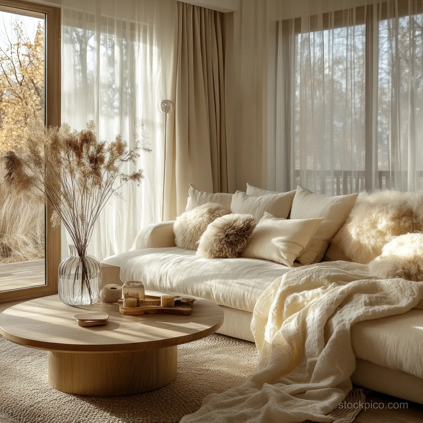Cream sofa with beige cushions sits beside a round wooden coffee table near sunlit windows and neutral curtains.