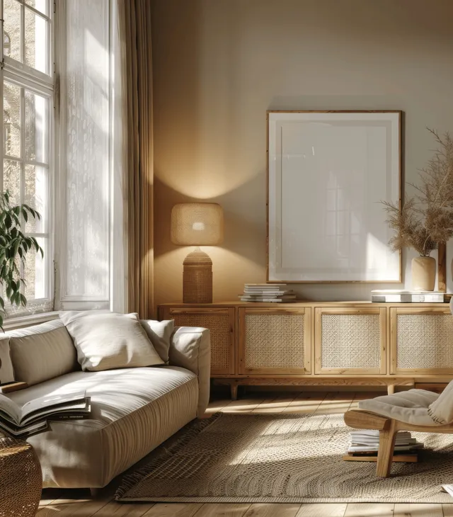 Modern living room interior with wooden sofa, lamp glow, and blank poster frame mockup