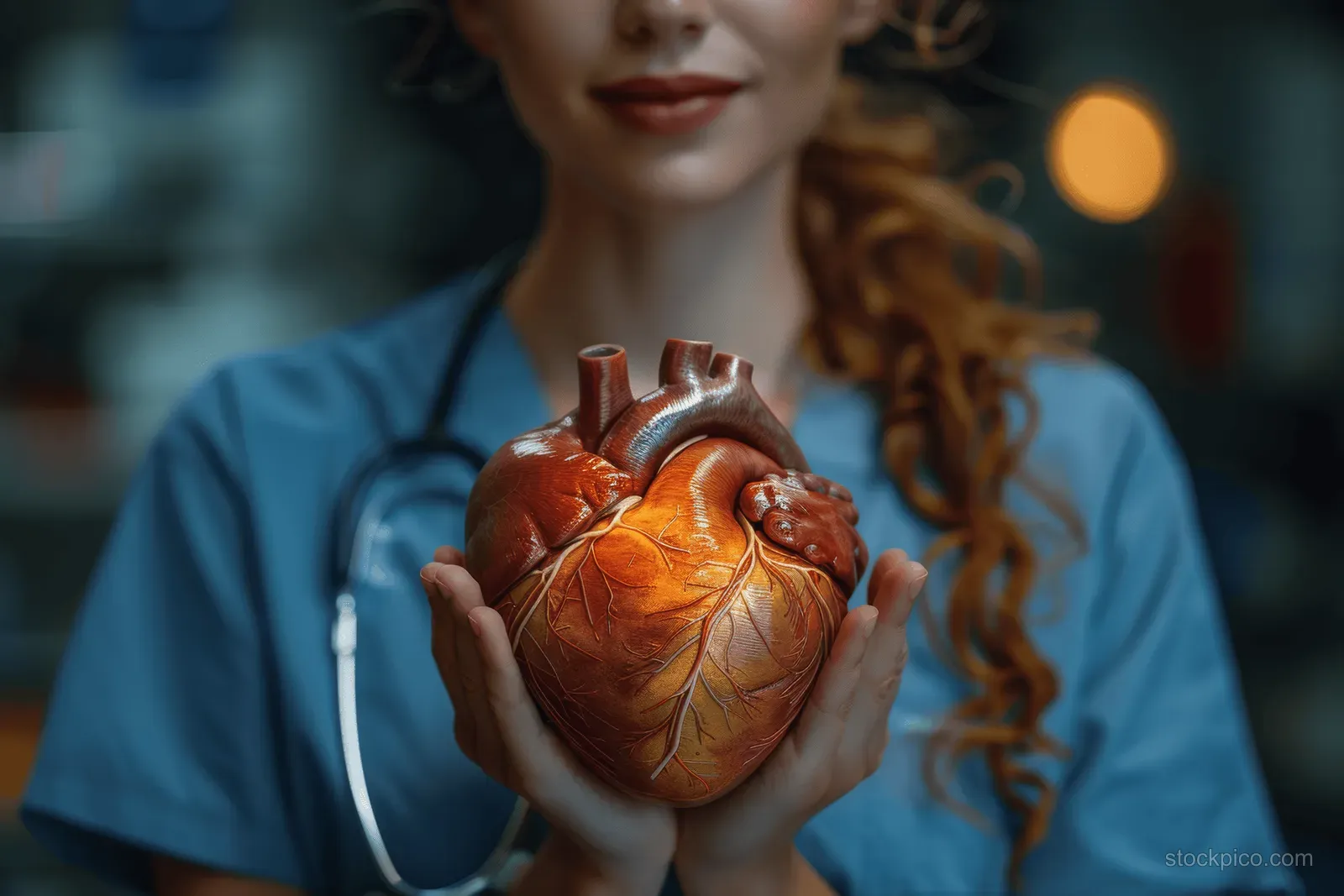 A healthcare professional in blue scrubs holds an anatomical heart model in both hands.