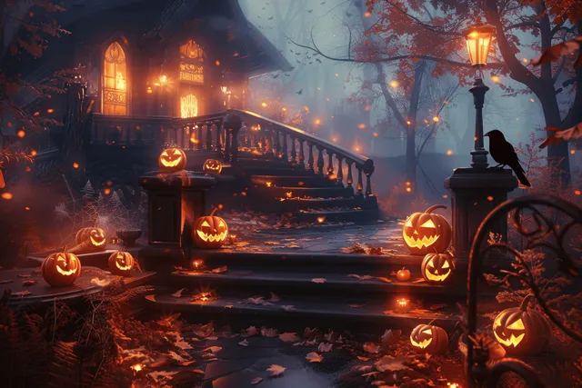 A haunted house walkway at night lit by glowing jack-o-lanterns and foggy lanterns.