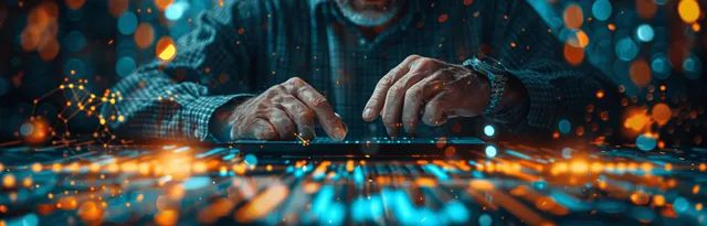 A businessman reviews financial charts on a tablet with glowing market overlays in the background.