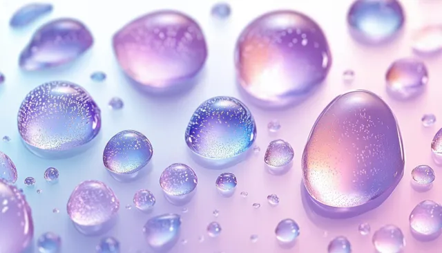 Translucent water droplets sparkle with purple and blue glow on a smooth wet surface.
