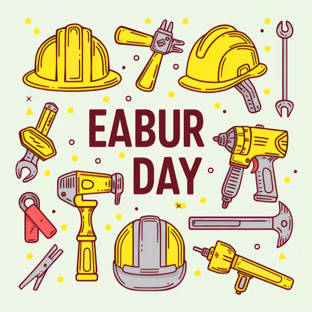 Labor Day graphic with hard hats and colorful construction tools arranged around the words EABUR DAY.