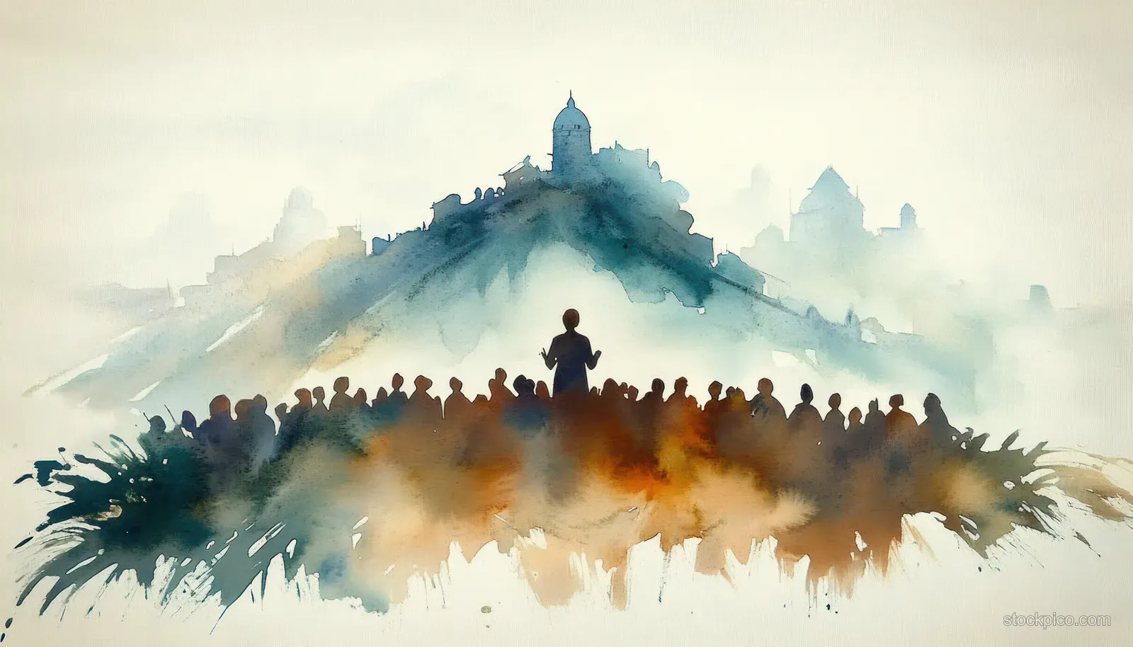 Jesus stands on a mountain speaking to a dense crowd as watercolor mist and sunrise light spread behind them.