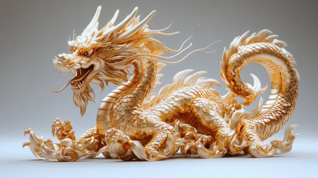 Golden Chinese dragon with detailed scales and curled body lying on a white surface amid light smoke.