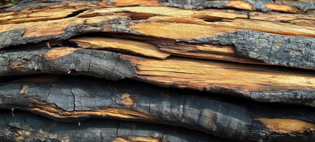 Stacked log cross-sections with bark and rings showing weathered natural wood texture