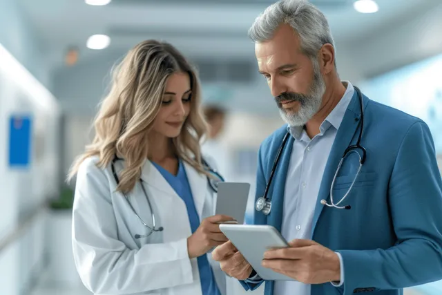 A male pharmaceutical representative shares a tablet with a female doctor in a hospital corridor.