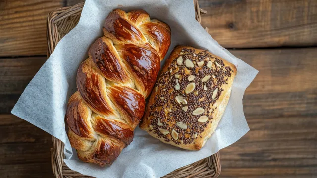 Pecan and whole grain pastries on parchment-lined rustic wooden table with warm golden crust