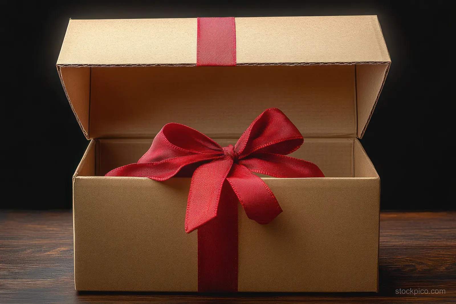 Open cardboard gift box with a red ribbon bow displayed on a wooden surface against a dark background.
