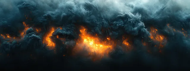Black smoke explosion with glowing embers dispersing into a dense cloud against a pale background.