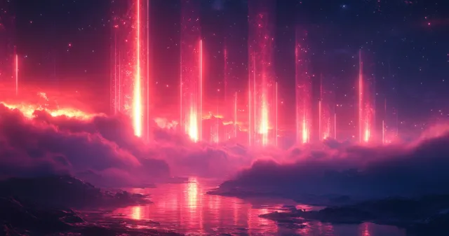 Vertical neon light beams glow through dark clouds above a reflective river at night.