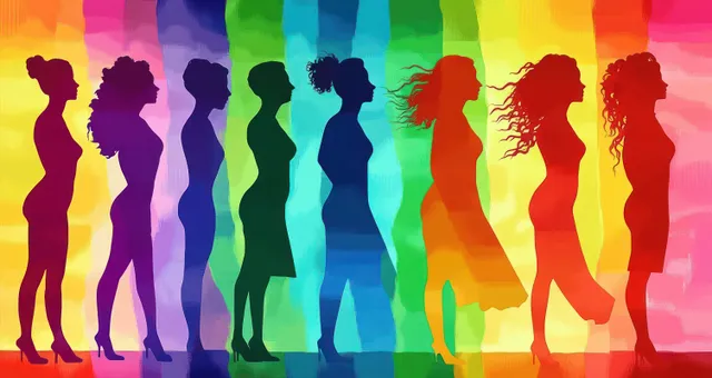 Seven women silhouettes stand side by side, each filled with different rainbow colors against a bright gradient background.
