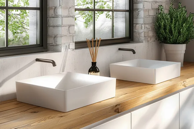 Double white sinks on a wooden bathroom vanity with a reed diffuser beside bright windows.