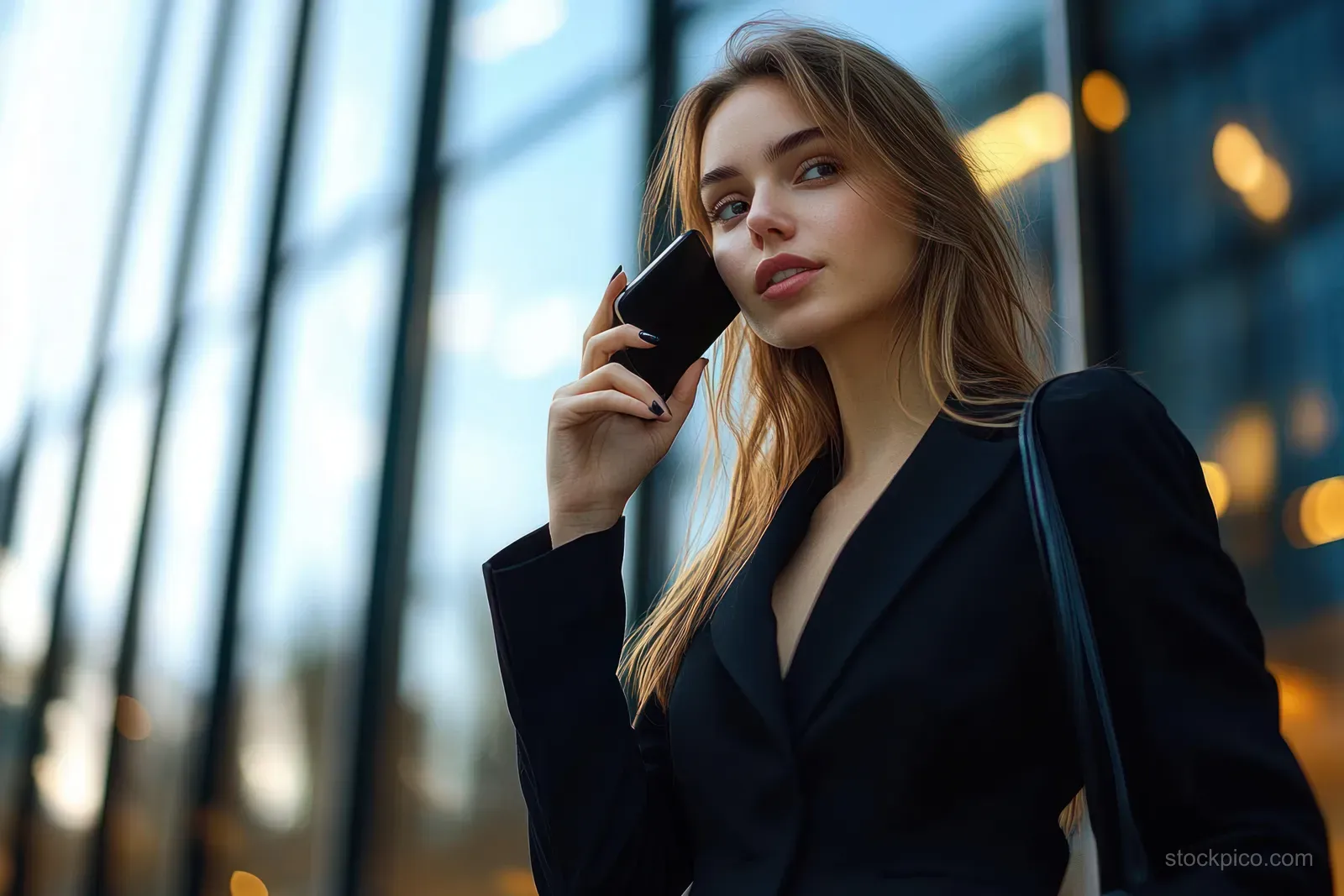 A young woman in a black blazer holds a smartphone to her ear outside a glass building at twilight.