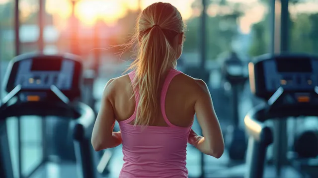 Woman jogs on treadmill in gym during sunrise, ponytail and pink sportswear visible