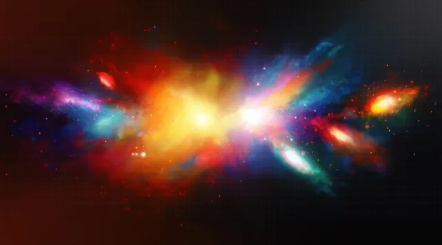 A multicolored nebula explosion with glowing orange and blue light streaks radiates across a dark star-filled space.