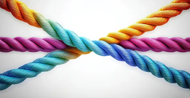 Multicolored braided ropes are tied into a knot symbolizing teamwork and unity.