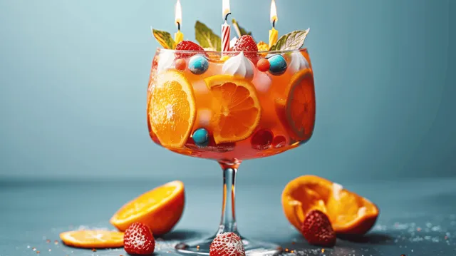 Fruit punch fills a large glass bowl with orange slices, strawberries, candies, and lit candles.