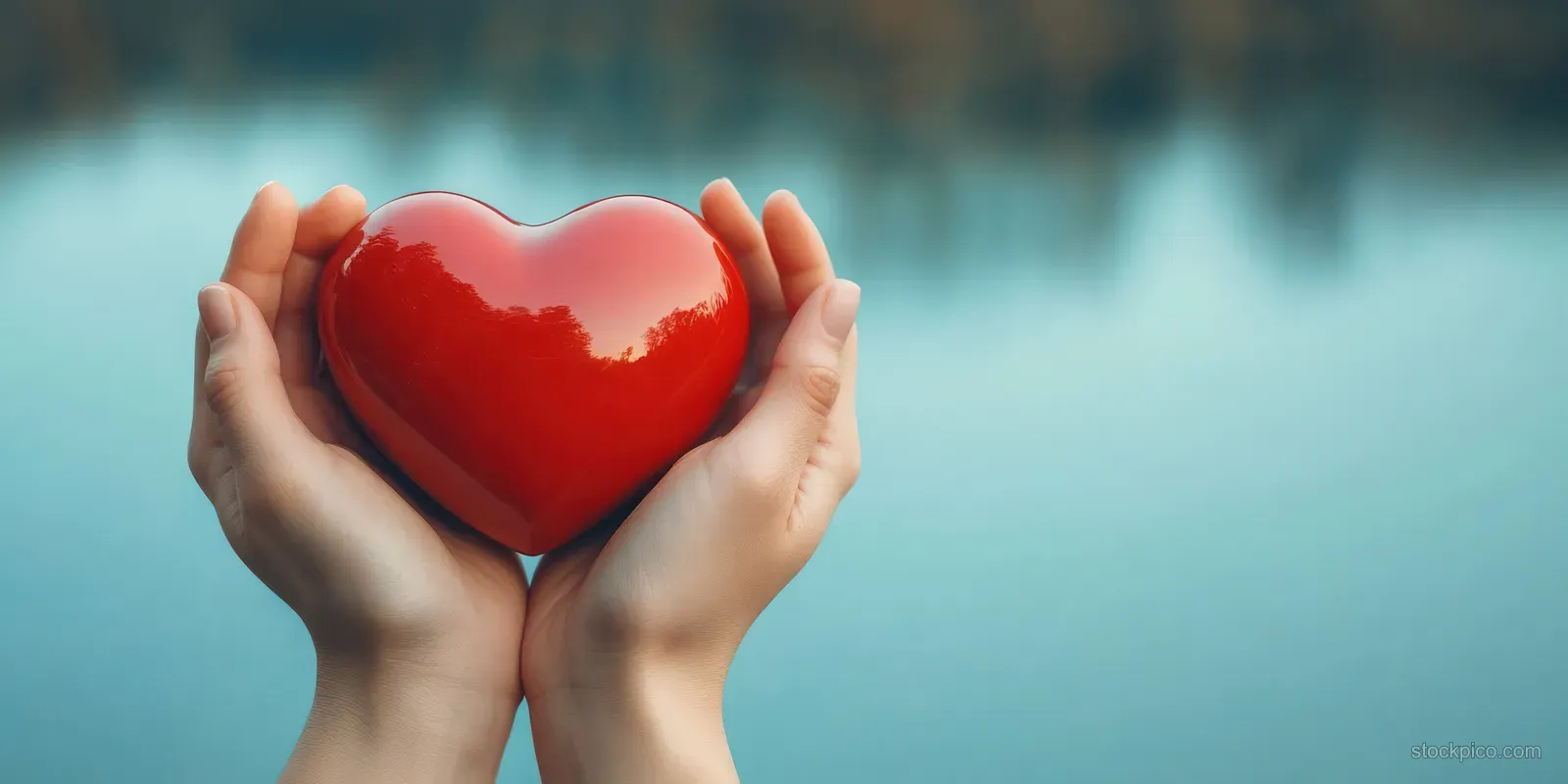 Two hands gently hold a glossy red heart against a blue background symbolizing care and giving.