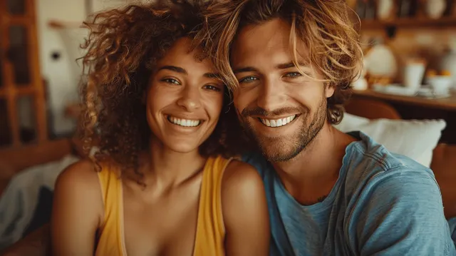 Smiling diverse couple cuddles on a sofa in a warmly lit living room.