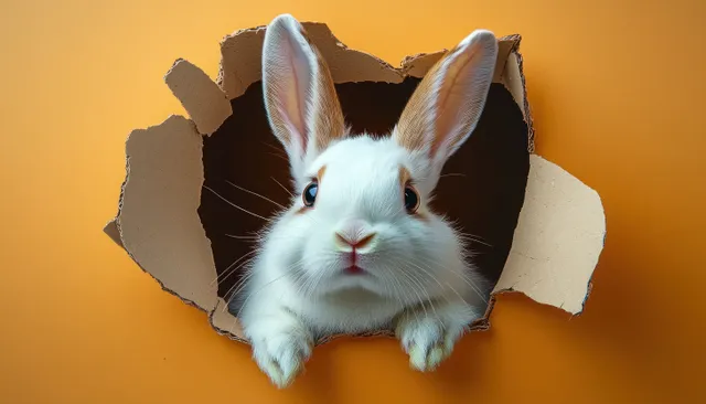 White rabbit peeking from torn paper hole on orange background, curious gentle face