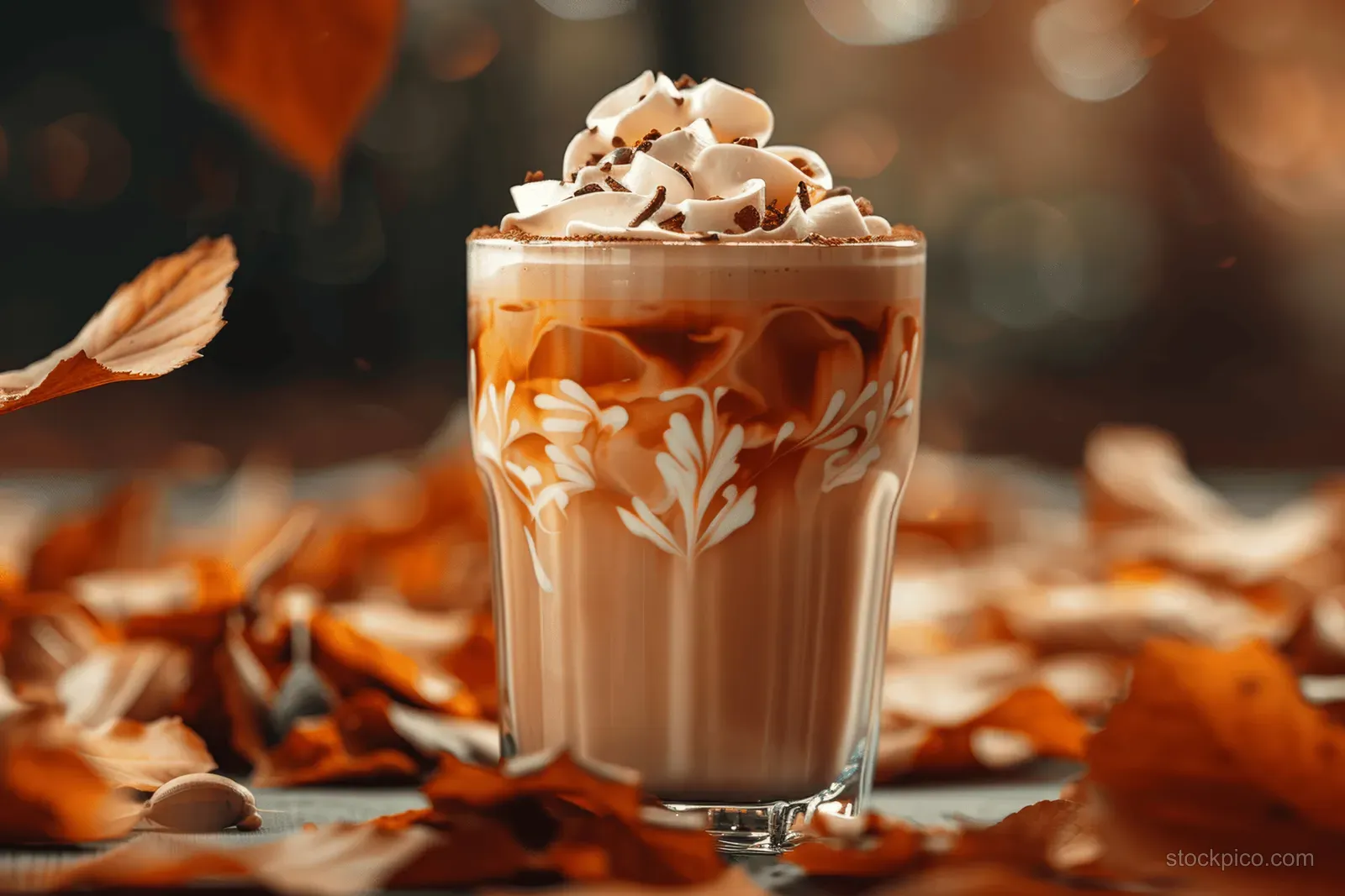Glass cold brew latte with pumpkin cream and caramel sits among scattered autumn leaves.