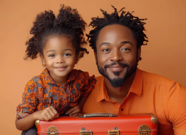 Young father holding daughter beside suitcase portrait against warm peach studio backdrop
