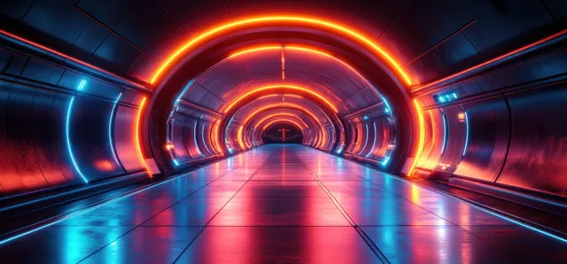 A neon tunnel corridor with glowing circular light rings, metallic floor reflections, and a dark vanishing point.