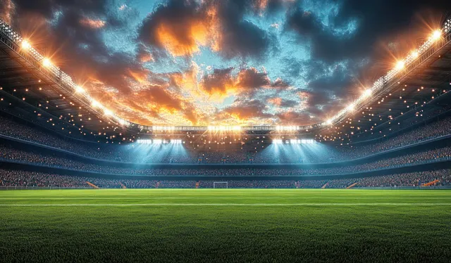 Empty soccer stadium with floodlights shining on a green field under dramatic sunset clouds.