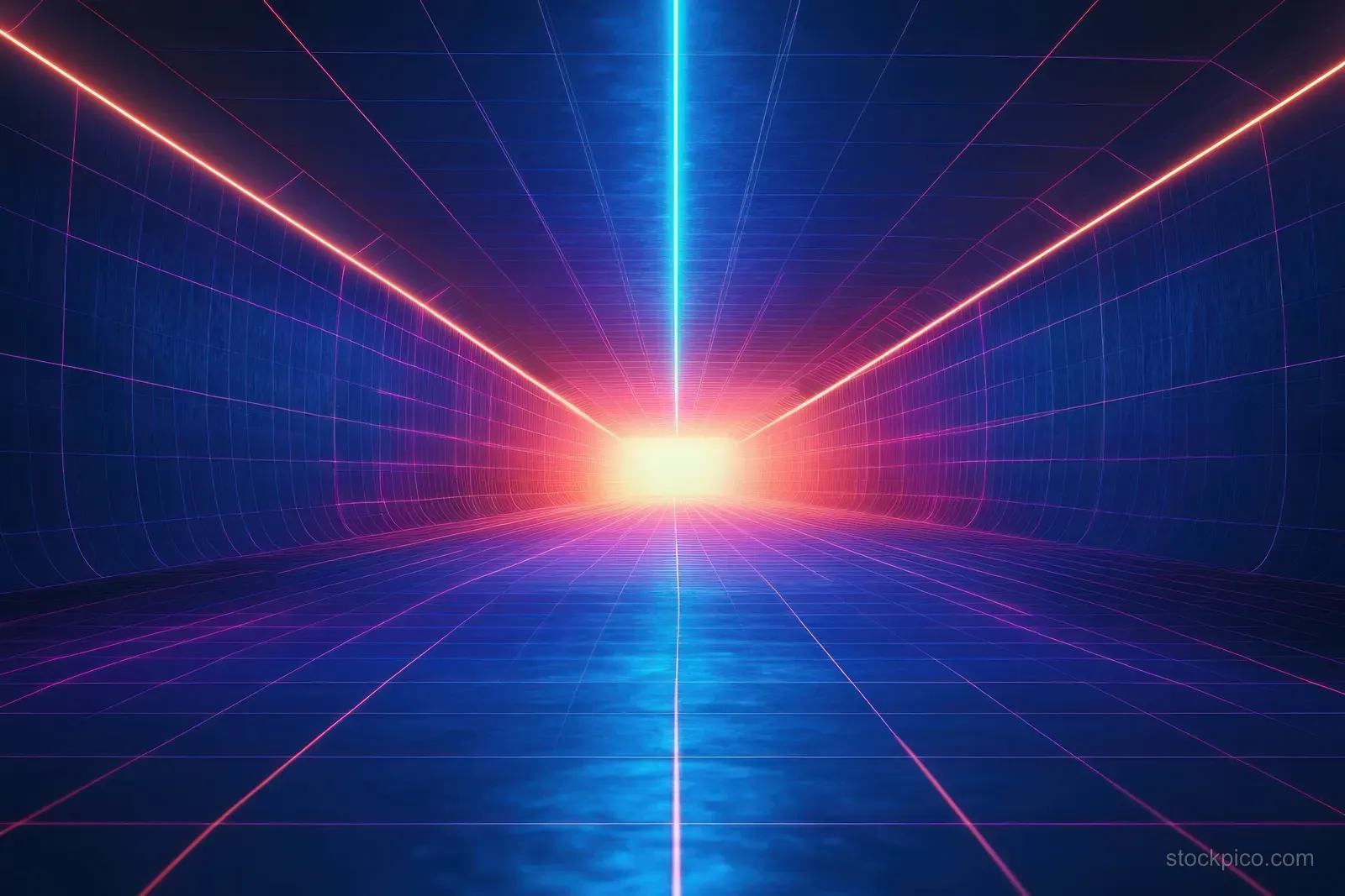 Neon grid tunnel stretches forward with blue and purple lines converging at a bright glowing exit.