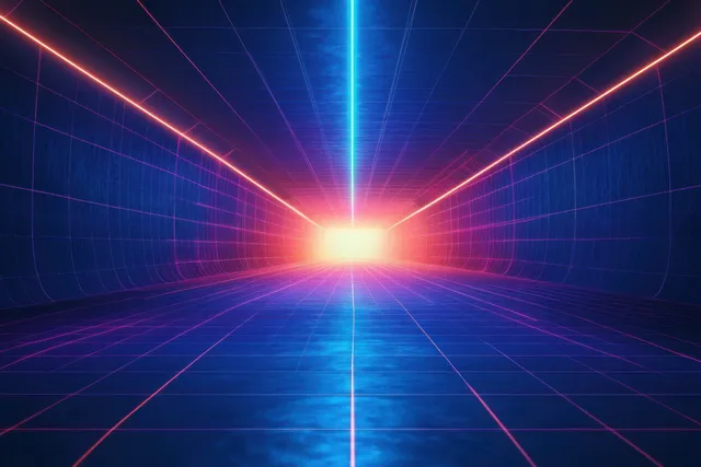 Neon grid tunnel stretches forward with blue and purple lines converging at a bright glowing exit.