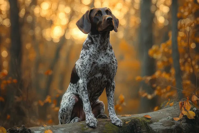 A spotted dog sits on a fallen tree trunk in an autumn forest.