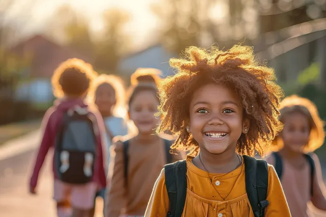Several diverse children smile and laugh together outdoors on a sunny park walkway with golden backlight.