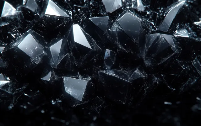 Jagged black crystal facets reflect light in a deep dark, moody macro close-up.