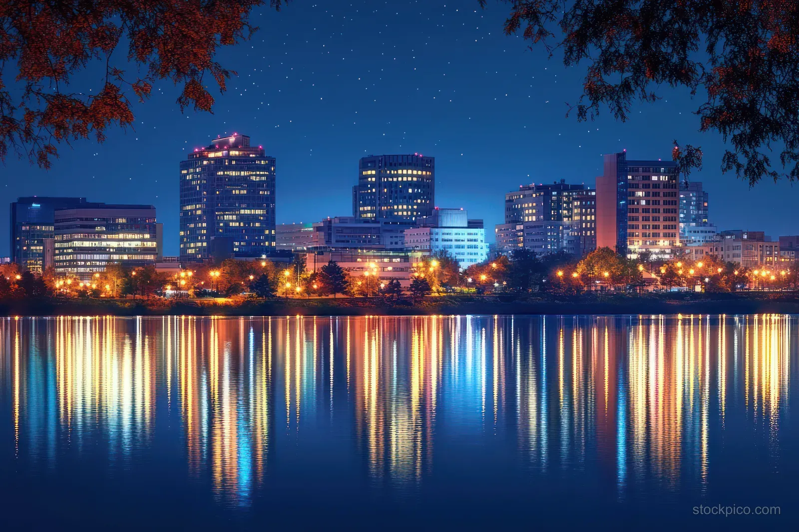 Evansville skyline at night with blue hour lighting reflected on calm river water.