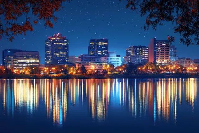 Evansville Indiana skyline at blue hour with illuminated buildings reflected on calm river water