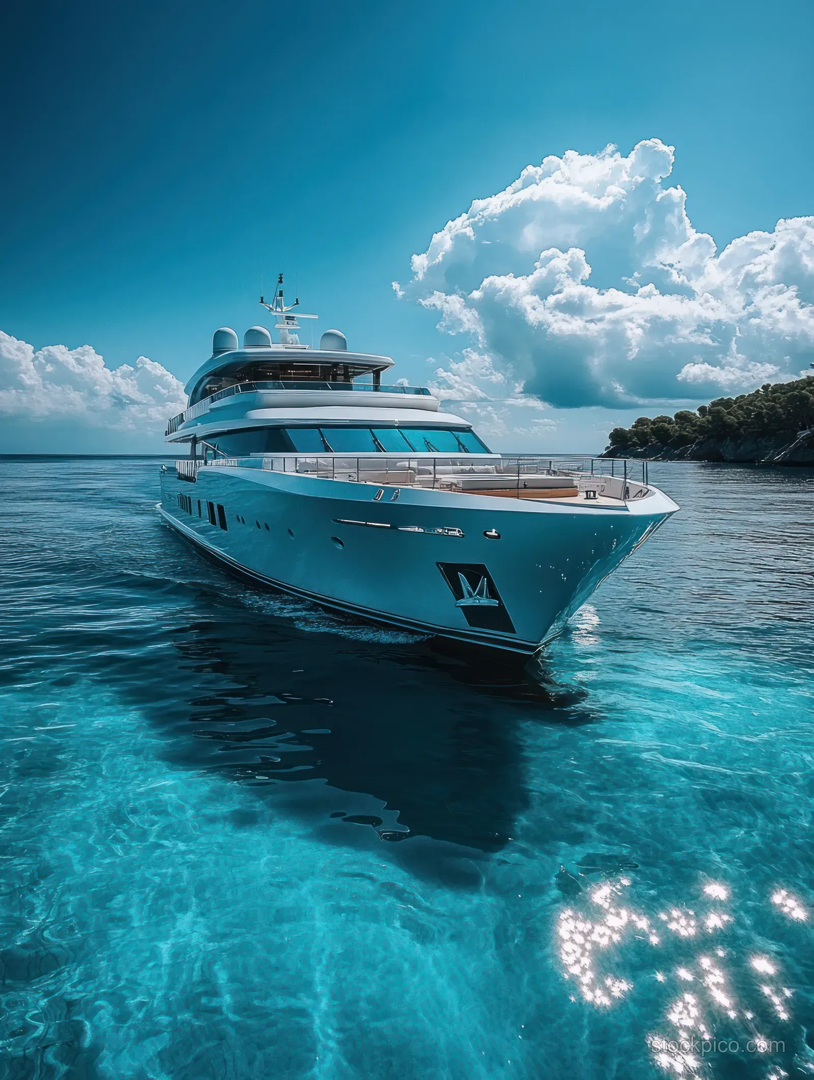 Luxury yacht cruising through clear turquoise water under sunny sky with fluffy clouds near a green coastline.
