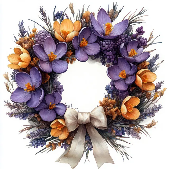 Watercolor spring wreath of daffodils and crocuses wrapped around a cream ribbon bow.