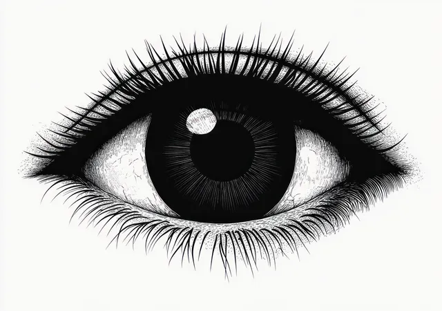 Black and white close-up eye illustration with sharp eyelashes and pupil reflection