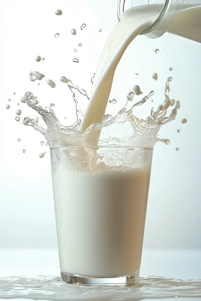 Milk pouring into a clear glass, splash droplets suspended mid-air against white backdrop
