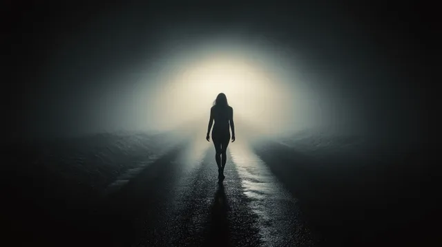 Silhouette of lone figure walking along dark road toward glowing light through fog