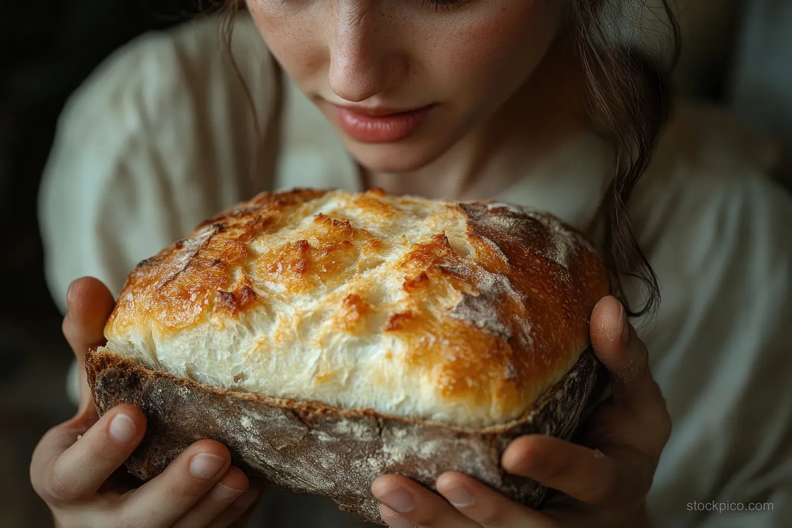 Woman holding a loaf of fresh bread while pressing her stomach, showing visible abdominal discomfort.