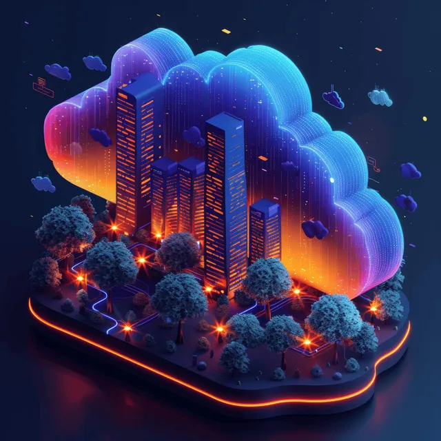3D isometric cloud city with glowing servers, trees, and buildings on dark background