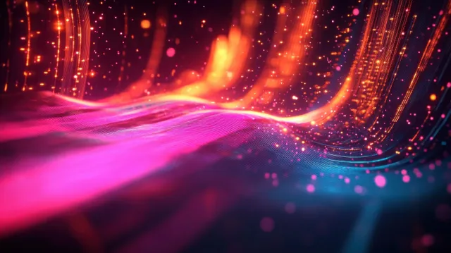 Neon glowing data tunnel curves into the distance with pink and blue light streaks and floating particles.