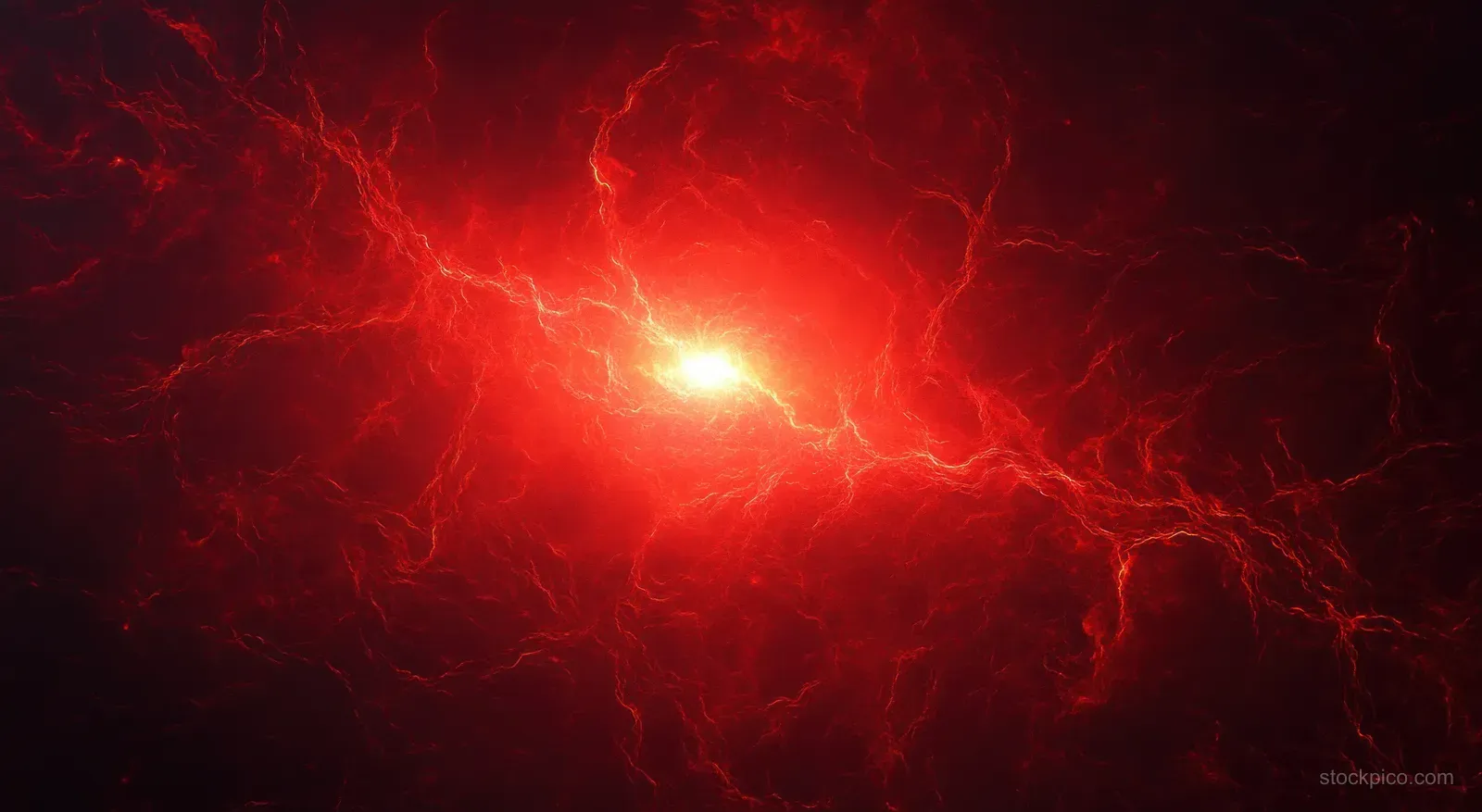 Red and yellow lightning arcs flare outward from a central energy burst in a dark stormy atmosphere.
