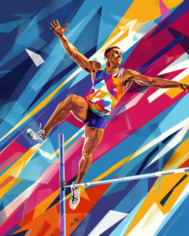 Decathlete pole vaulting in dynamic abstract France flag colors midair