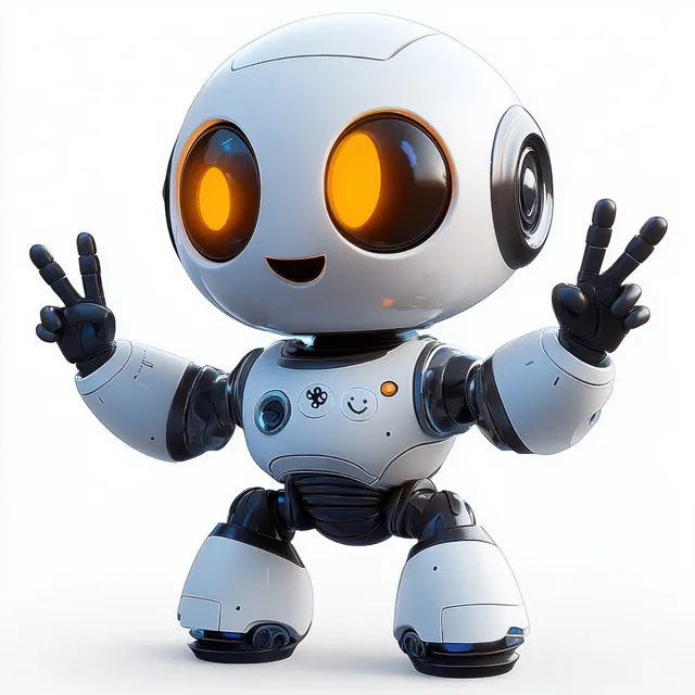 A small smiling cartoon robot with glowing orange eyes holds both hands in peace signs on a white background.