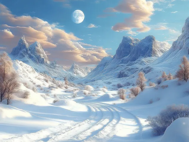 Moon over snowy mountains with winding tracks across the valley and soft pastel clouds.